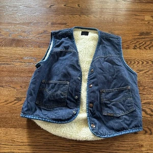 VINTAGE Sears Roebucks Vest Mens Small Blue Denim Sherpa Lined Jacket 1970s - Picture 1 of 11