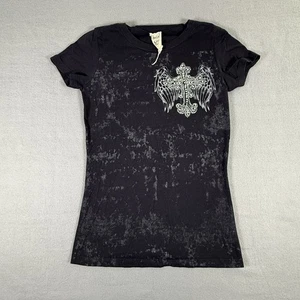 Y2K Cross With Wings Rhinestone Women’s Tee Top Medium Black Double Sided - Picture 1 of 7