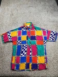 Vintage 90s Gottex Shirt Medium Womens Multicolor Abstract Viscose Split Tail - Picture 1 of 11