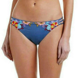 Nanette Lepore Dazed Denim Charmer Hipster Embroidered Blue Bikini Bottoms NWT - Picture 1 of 10