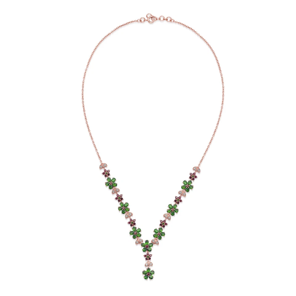 NEW Chrome Diopside Gemstone Necklace Rose Gold Plated 925 Silver Garnet Jewelry - Image 1 of 1