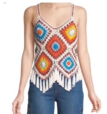 Alice + Olivia ADELINA FRINGE HEM CROCHET PATCHWORK KNIT TANK TOP Womens Small - Image 1 of 4