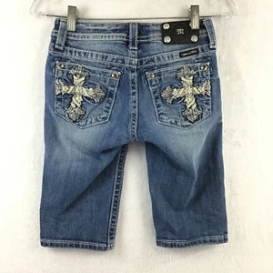 Miss Me Bermuda / Bling Pocket Distressed Stretch Denim Jean Shorts / Size 14 - Picture 1 of 9