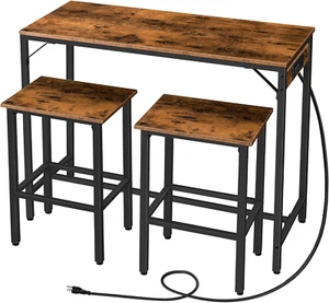 Bar Table and Chairs Set, 39.4" Dining Table Set with Power Outlet, 3-Piece Pub - Picture 1 of 8