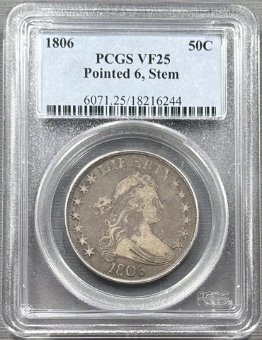 1806 Draped Bust Half Dollar 50c - PCGS VF25 - Pointed 6, Stem - Choice Original Cover