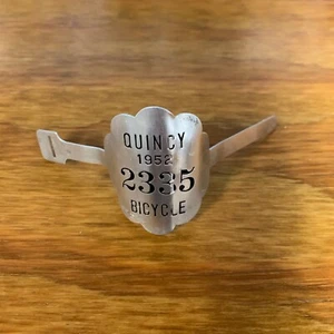 BICYCLE LICENSE PLATE NAME TAG 1952 QUINCY USA BALLOON BIKES MOTOR CYCLE 2335 - Picture 1 of 4