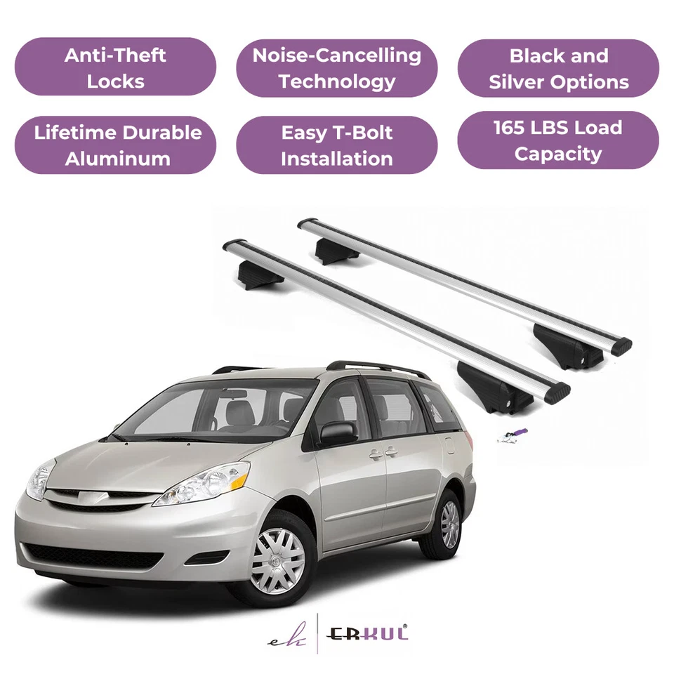 Поперечные дуги багажника на крышу ERKUL для Toyota Sienna 2004-2010 годов выпуска с поднятыми направляющими - серебристые - Изображение 1 из 4