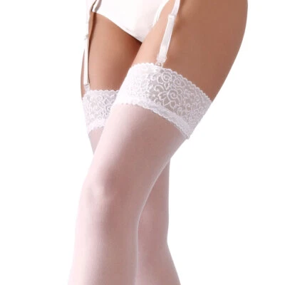 Sexy Strapse-Strümpfe S-XL weiß 7cm breite Spitze Damen Nylons Hochzeit "Tula" - Bild 1 von 4