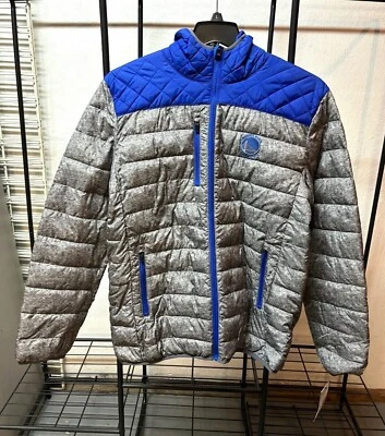 Golden State Warriors NBA Full Zip Puffer Hooded Jacket~Heathered Gray/Royal~L - Image 1 of 4