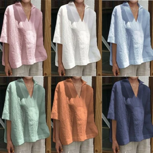 Cotton Linen Womens Casual Ladies Blouse Top Plus Size 8-22 T-Shirts Baggy Tops - Picture 1 of 17