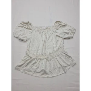 LC Lauren Conrad Womens White Puff Sleeve Stripped Blouse Top Size Large Gold - Picture 1 of 15