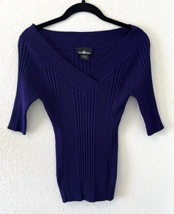 Vintage Y2K It's Our Time Women's Top Size M Purple Stretchy V-Neck Ribbed - Picture 1 of 13