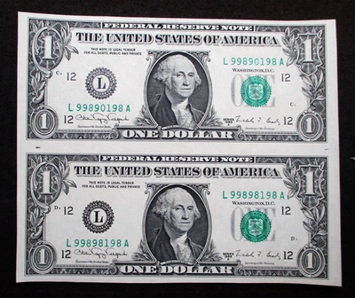TWO 1988 $1 U.S. BANKNOTES ~ GEORGE WASHINGTON ~ FROM UNCUT UNCIRCULATED SHEET - Image 1 of 2