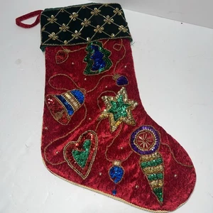 VINTAGE! Festive Velvet Beaded Sequin Christmas Stocking 15”-17” Lights Garland - Picture 1 of 9