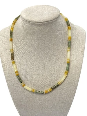 Handmade Necklace of Natural Stones Green Amber and Cream Boho Style 45cm Unisex - Image 1 of 4