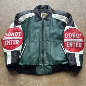 Vintage 90's Phase 2 Do Not Enter Green Red Leather Bomber Flight Jacket Sz M - Picture 1 of 8
