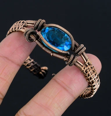 Blue Topaz Handmade Gemstones Copper  Wire Wrap Adjustable Bangle Jewelry - Image 1 of 4