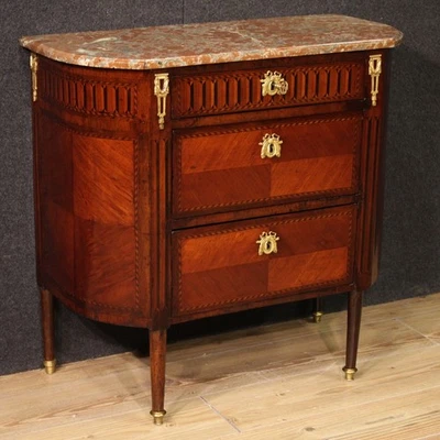 Petite commode meuble en bois dessus en marbre Napoleon III 19ème siècle bronze - Photo 1/4
