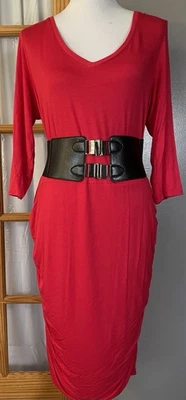 Vestido midi Wendy Williams Side Ruch talla L rojo rayón manga larga dobladillo burbuja fiesta Foto 1 de 4