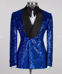 Sequined Men's Jacket Blue Prom Evening Jacket 2PCS Dinner Party Blazer Sparkly - Picture 1 of 3
