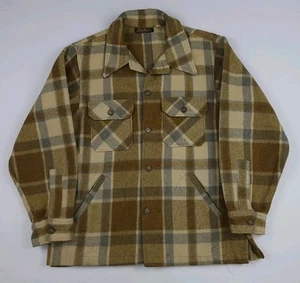 Vintage 70s 80s Eddie Bauer Thick Wool Plaid Shirt Jacket USA Made Outdoor Tan L - Picture 1 of 6