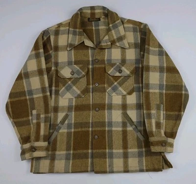 Vintage 70s 80s Eddie Bauer Thick Wool Plaid Shirt Jacket USA Made Outdoor Tan L - Image 1 of 4