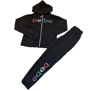 Y2K BEBE Black/multicolor spell-out logo 2pc Teenager Luxury Full Zip Tracksuit - Picture 1 of 24