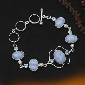 Pulsera hecha a mano de plata esterlina 925 de ágata de encaje azul natural 7" - Imagen 1 de 6