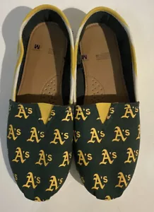 Oakland As Shoes Girls M Green Yellow Canvas Slip On Baseball Logo - Picture 1 of 10