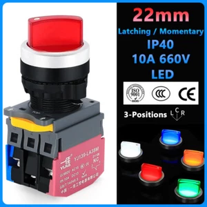 22mm Rotary Switches 3-Position Selector Switch Momentary LED Red Green 10A 660V - Picture 1 of 9