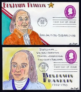 Two 1958 BEN KRAFT Hand Drawn & Painted BENJAMIN FRANKLIN First Day Covers FDCs - Picture 1 of 4