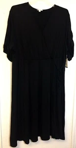 Terra & Sky Women’s Plus Size 3x 24/26 Faux Wrap Dress Midi Black Ruched Sleeves - Picture 1 of 7