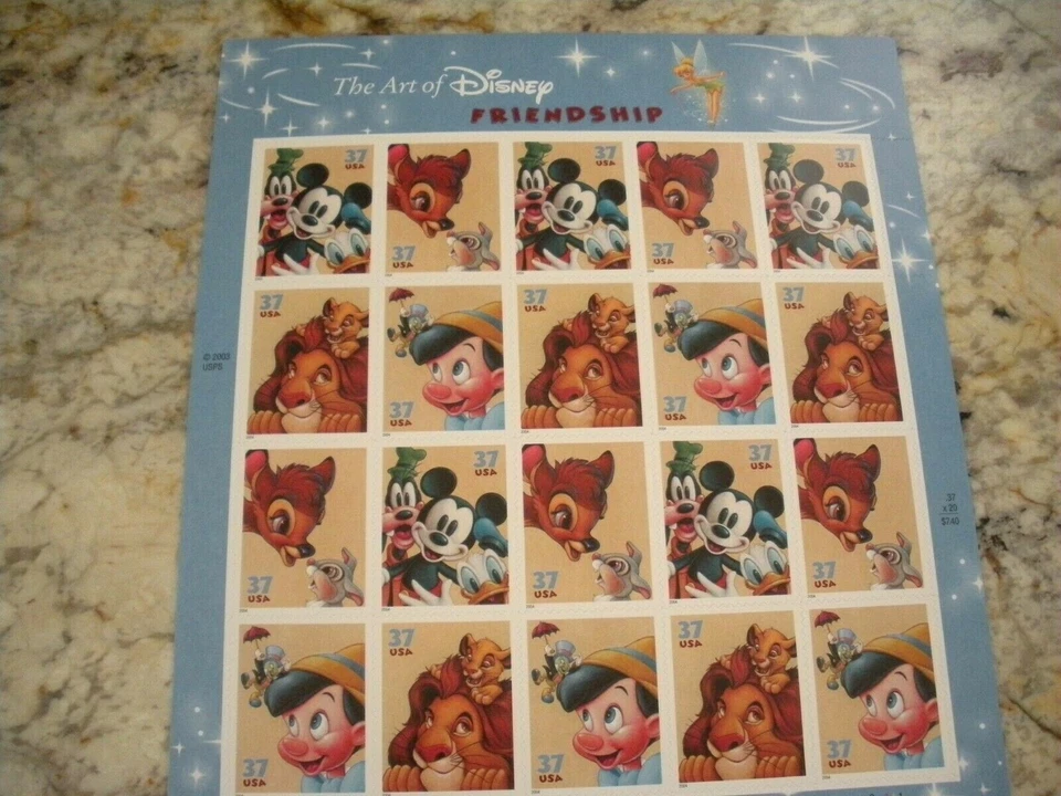 The Art of Disney Friendship, Full Sheet of 20 x 37 Cent USPS Stamps, 2003 - Image 1 of 1