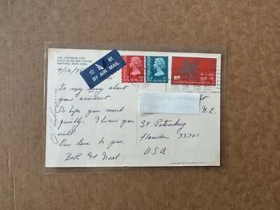 Hong Kong 1975 PPC a EE. UU. + Franqueo tricolor QEII #280-1 + Conejo de Nueva York #302 + Tarjeta basura Foto 1 de 2