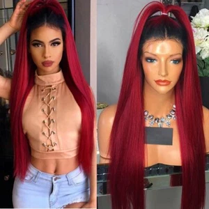 11A Luxury Straight Burgundy/Red/1B Ombre Pre Plucked Full Lace Human Hair Wig - Picture 1 of 11