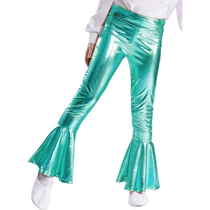 Kids Girls Pants Costume Ruffle Hem Jazz Legging Shiny Dancewear Bronzing Club - Picture 1 of 60