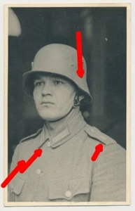 127048 Portraitfoto: IR 9, Infanterie Regiment 9, Stahlhelm M18, Abzeichen - Bild 1 von 2