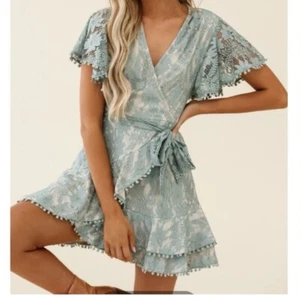 NWT SELFIE LESLIE Cami Angel Sleeve Faux Wrap Sage Mini Dress—SZ. XS - Picture 1 of 19