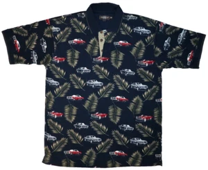 KNIGHTS SPORTSWEAR Size L VTG Polo Shirt All Over Print Cars Tropical Palm Leaf - Picture 1 of 6