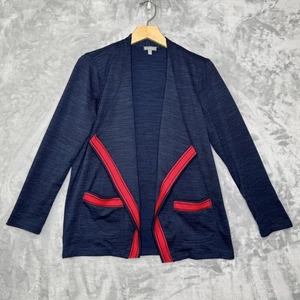 T by Talbots Cardigan Womens Medium Petite Navy Open Front Red Trim Pockets - Picture 1 of 8