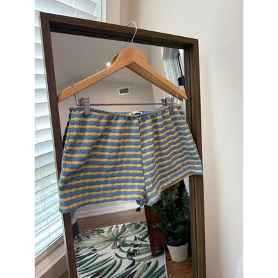 Pantalones Cortos Zara Tejidos Grandes Azul y Amarillo Rayas Cintura Alta Cintura Elástica Foto 1 de 4