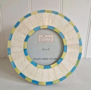 Round Carved Bone Inlay Blue Green Colourful Standing Picture Photo Frame - W-7" - Picture 1 of 9