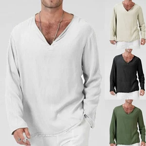 Summer Men Cotton Linen V Neck T Shirt Long Sleeve Blouse Casual Loose Tee Top ☀ - Picture 1 of 14