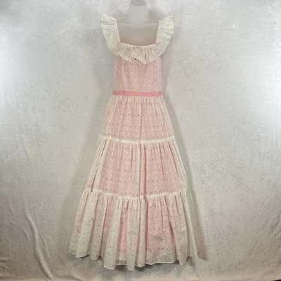 Vintage Dress Womens XS Pink White Eyelet Prairie Maxi Ruffle Tiered 70s 60s - Image 1 of 4