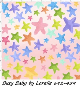 Busy Baby Cotton Quilt fabric BTY Loralie Designs 692-459 Tossed Stars on Pink - Picture 1 of 12