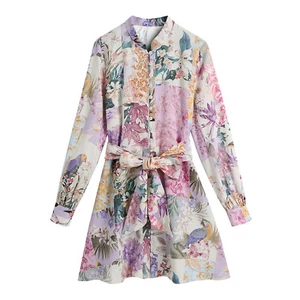 2024 Women's Printed Summer Dress Women's Button-up Belt Long-sleeved Dress New - Picture 1 of 7