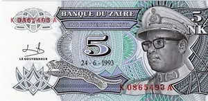 Billete Zaire 5 Nouveaux Makuta 1993 P48a - Imagen 1 de 2