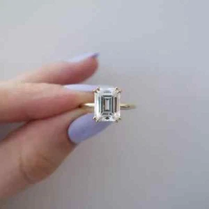 2Ct Emerald-Cut VVS1 Moissanite Solitaire Engagement Ring Solid 14K Yellow Gold - Picture 1 of 4