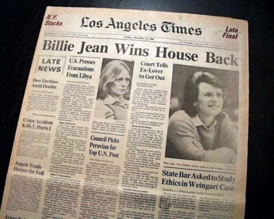 Estuche BILLIE JEAN KING Estrella del Tenis Marilyn Barnett Love Affair 1981 Periódico de Los Ángeles Foto 1 de 4