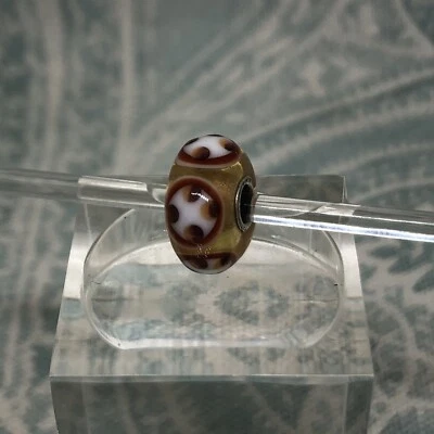 Authentic Trollbeads OOAK White & Brown Circles with X's & O's on Cream CC, New - Image 1 of 4
